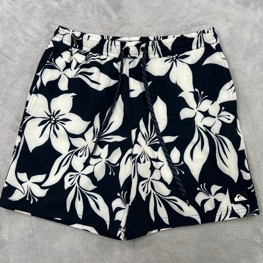 Quiksilver Floral Hibiscus Swim Trunks Size Medium Black White Mens Board Shorts